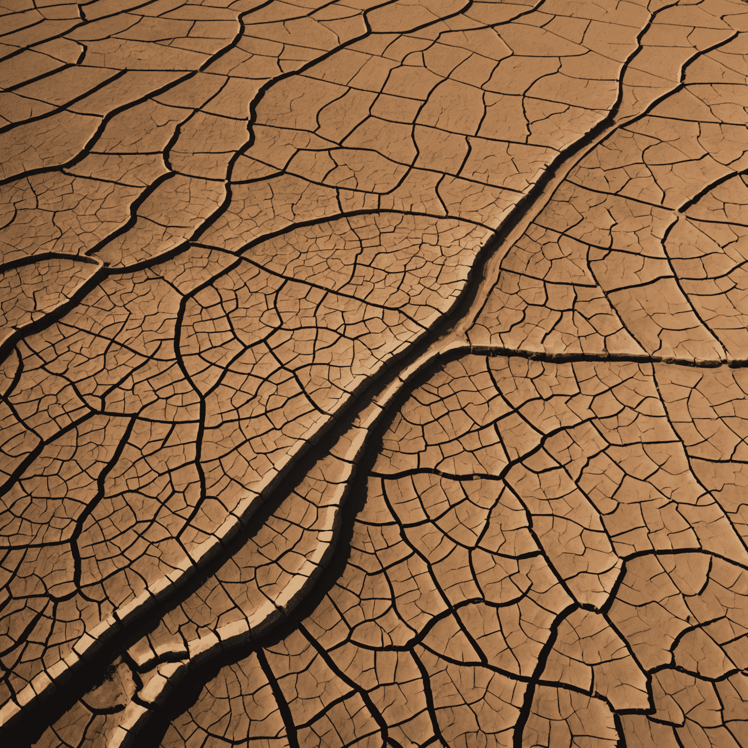 Aerial view of a drought-stricken farm in South Africa, showing cracked earth and withered crops