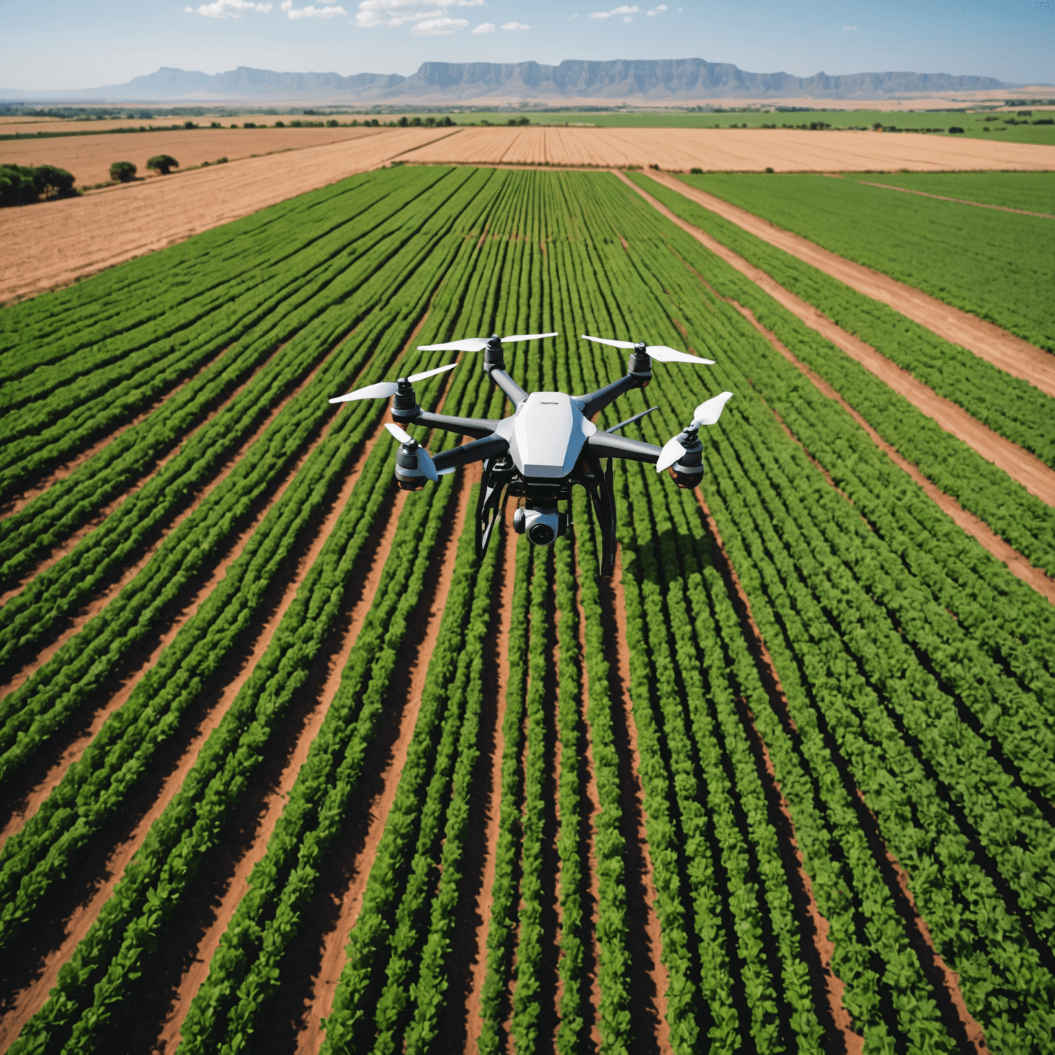 Drone flying over a vast South African farm, scanning crops with advanced sensors