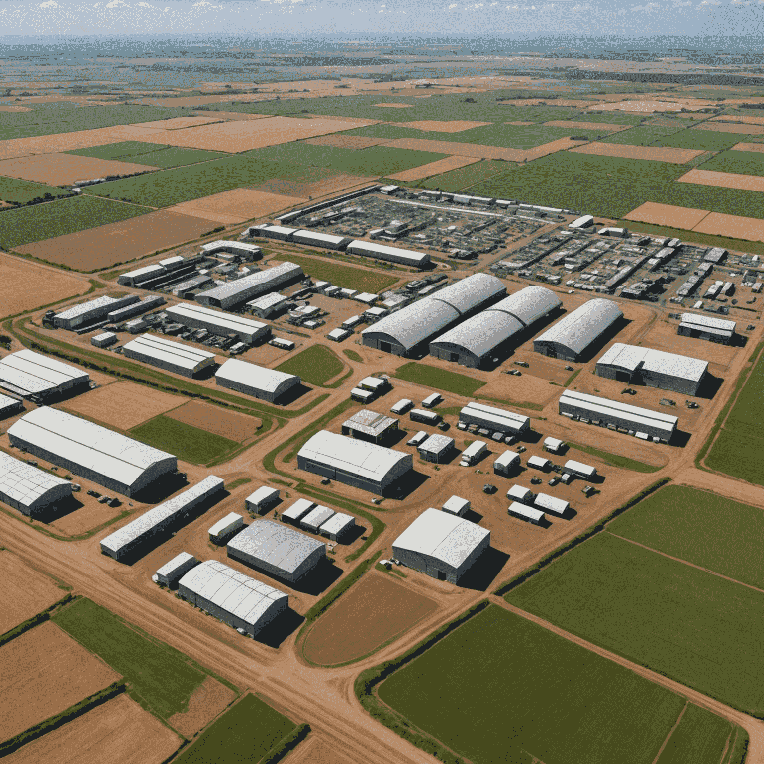 Aerial view of a complex agricultural supply chain network in South Africa, showing farms, warehouses, and distribution centers connected by roads and logistics routes