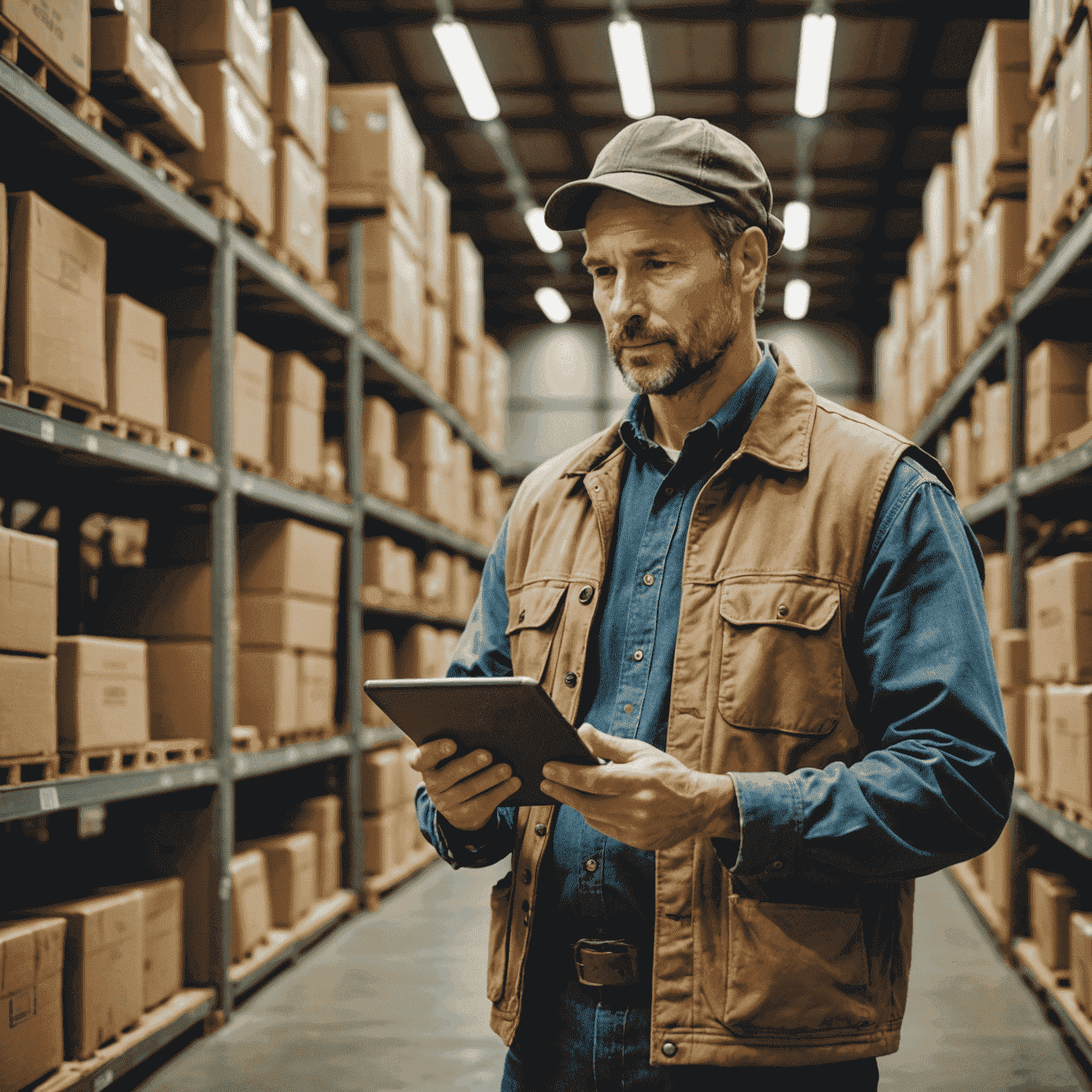 Farmer using a tablet to manage inventory in a large warehouse filled with agricultural products. The image showcases modern technology integration in traditional farming practices.