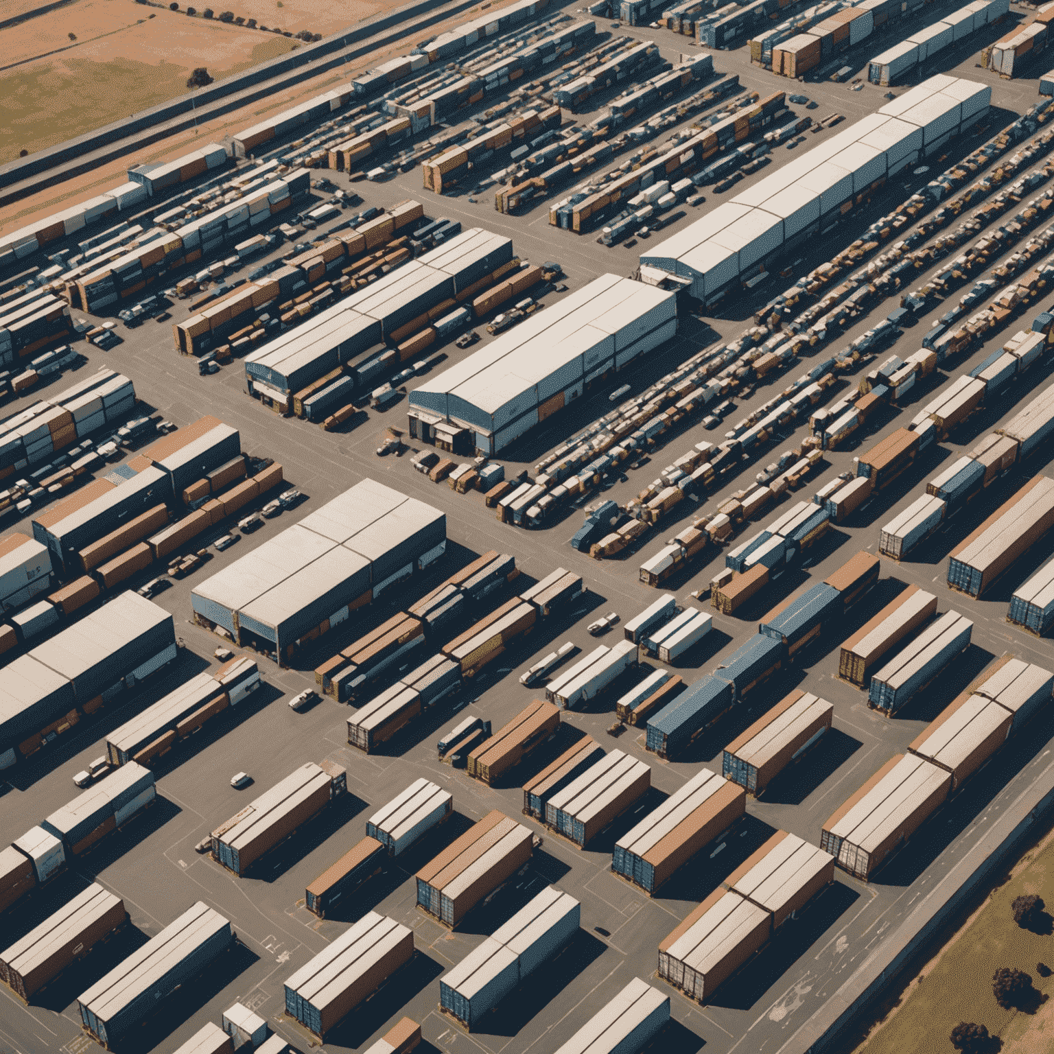 Aerial view of a complex logistics network in South Africa, showing trucks, warehouses, and distribution centers interconnected across various regions