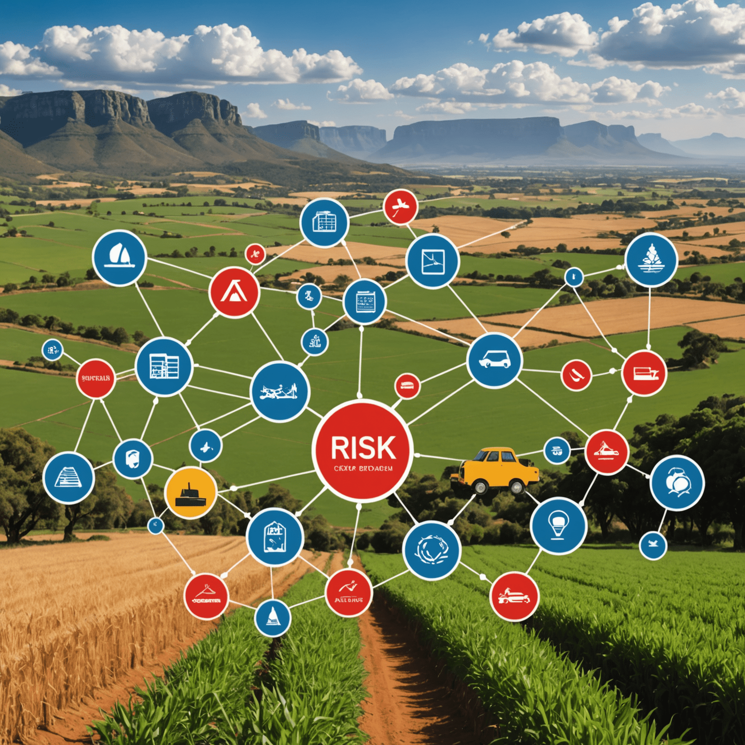 A visual representation of risk management in agribusiness supply chains, showing interconnected nodes representing various stages of the supply chain with warning symbols and protective shields, set against a backdrop of South African agricultural landscapes