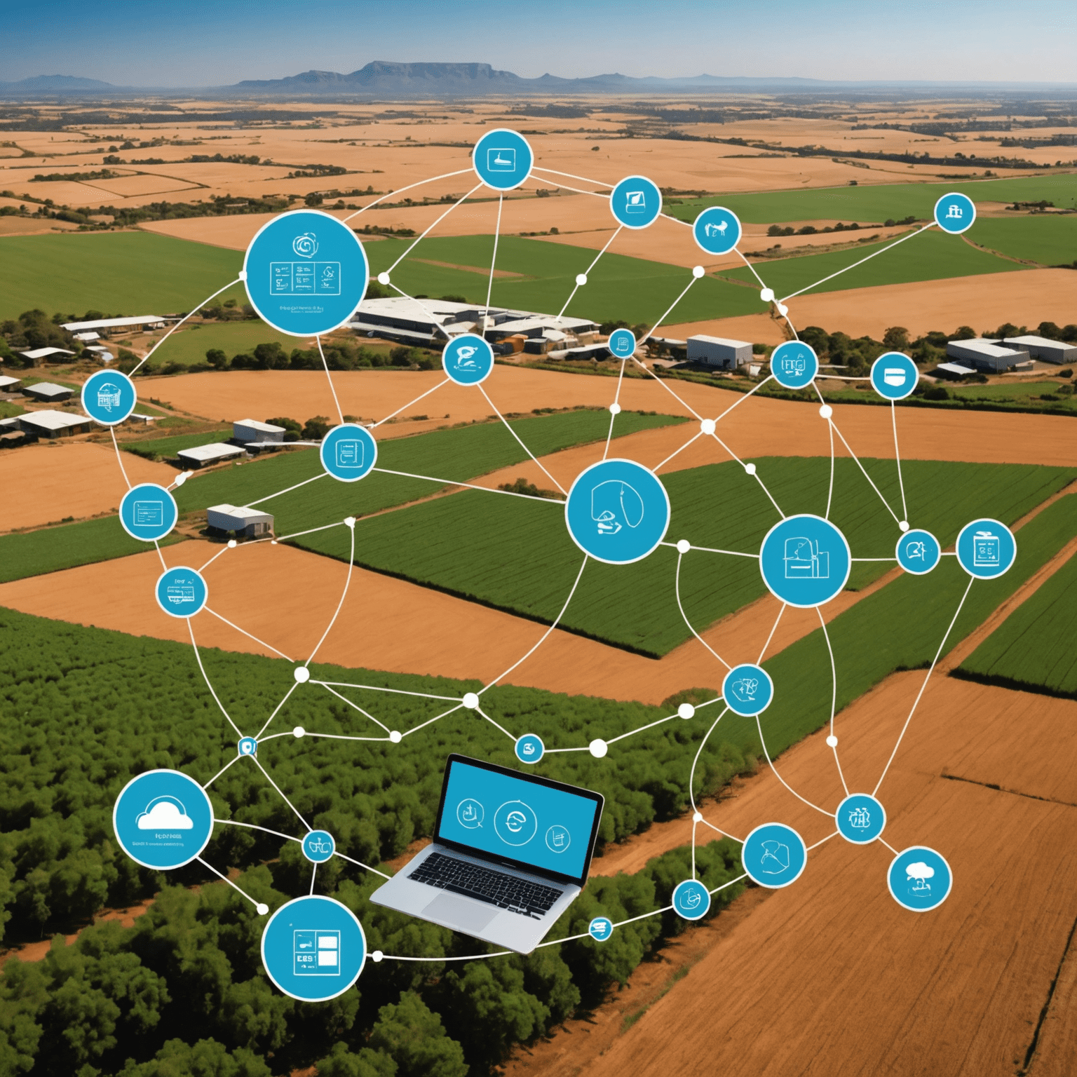 Advanced technology integration in South African agribusiness supply chain management, showing digital interfaces, IoT devices, and data visualization