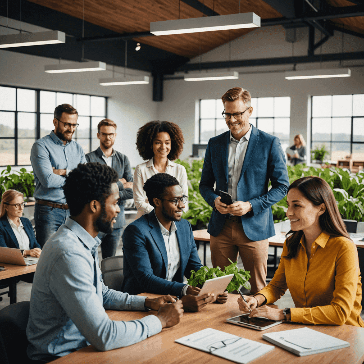 A diverse team of agricultural experts and HR consultants collaborating in a modern office setting, showcasing the integration of technology and traditional farming knowledge.