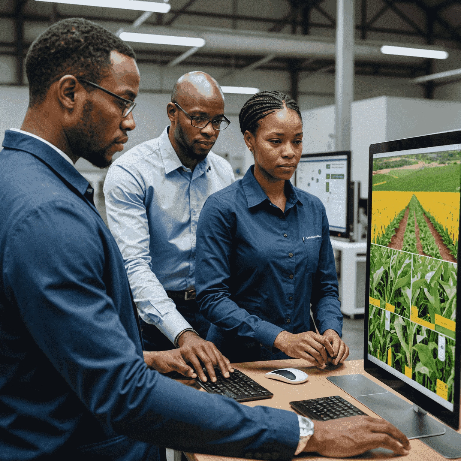 A diverse group of South African agribusiness professionals in a high-tech training facility, learning to use farm management software on large touchscreens