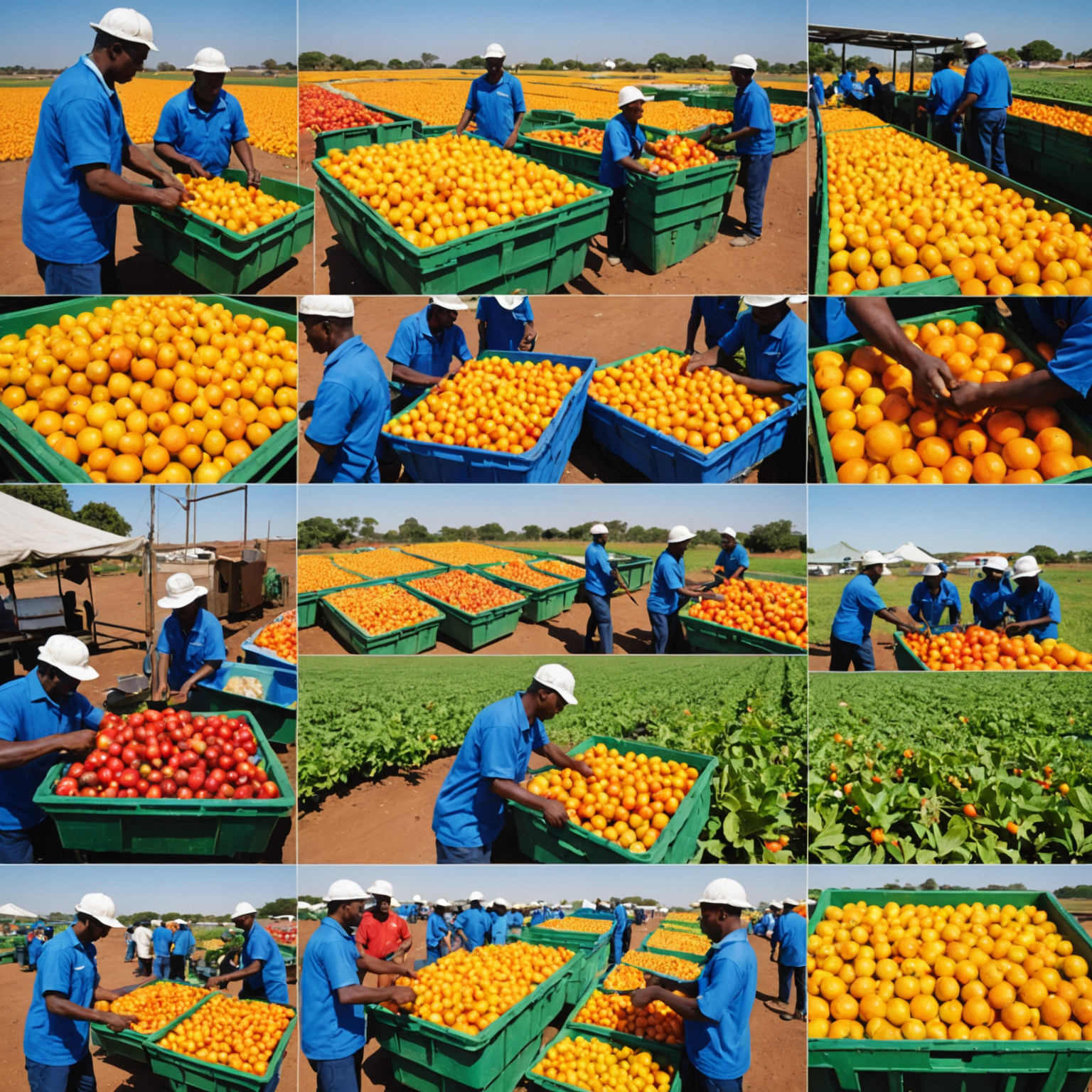 Collage of South African agricultural products being prepared for export, including workers packaging fruits and loading containers